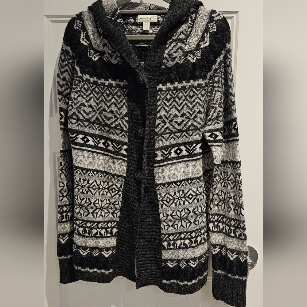 Black and Gray Nordic-Pattern Women's Cardigan Sweater
